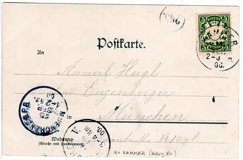 Bayern 1900, K1 KAMMER (Helbig 80 P.) auf Karte m. 5 Pf. 