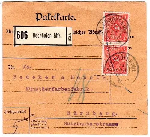 DR 1922, Bayern Reservestempel BECHHOFEN R auf Paketkarte m. 2x3Mk. Geprüft.