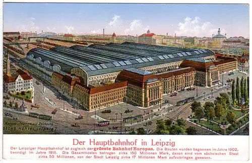 Leipzig Hauptbahnhof mit Trambahn, Pferde Fuhrwerken etc., ungebr. Farb-AK