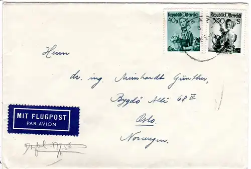 Österreich 1956, 40 G.+3,50 S. auf Luftpost Brief v. Graz n. Norwegen 