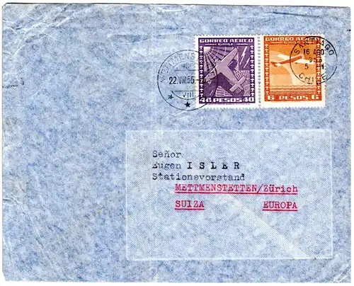 Chile 1955. 40+6 P. auf Luftpost Brief v. Santiago i.d. Schweiz