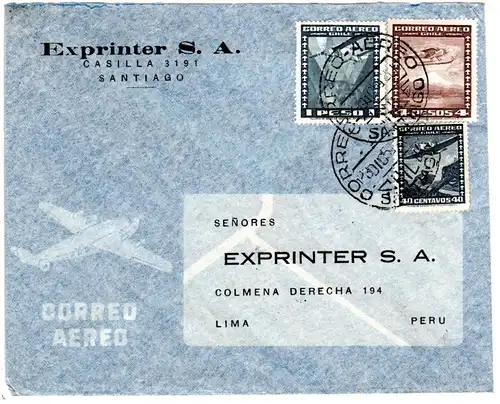 Chile 1954, 40 C.+1+4 P. auf Luftpost Brief v. Santiago n. Peru.