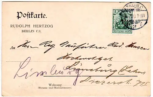 DR 1909, 5 Pf. Germania m. perfin Firmenlochung auf Firmen Karte v. Berlin C.