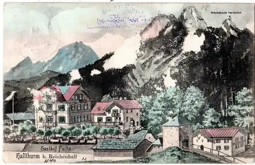 Bayern 1907, Posthilfstelle HALLTHURM Taxe Bad Reichenhall auf Farb-AK m. 5 Pf.