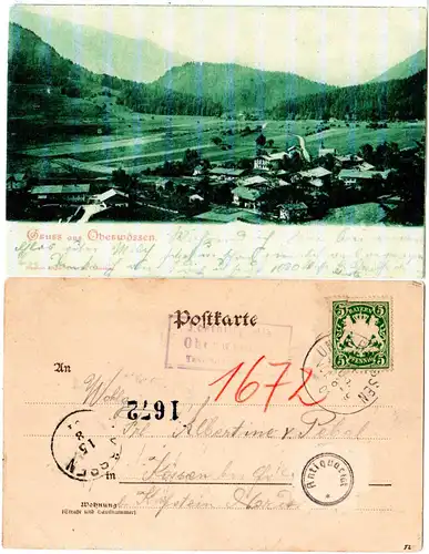 Bayern 1901, Posthilfstelle OBERWESSEN Taxe Unterwessen auf AK m. 5 Pf