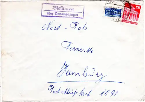 BRD 1951, Landpost Stpl .BIESINGEN über Donaueschingen auf Brief m. 20 Pf.