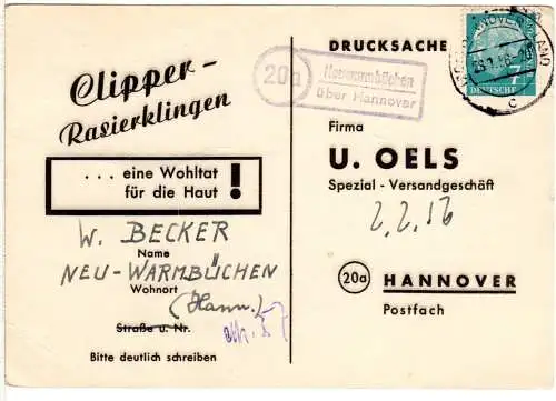 BRD 1956, Landpost Stpl. 20a NEUWARMBÜCHEN über Hannover auf Karte m. 7 Pf. 