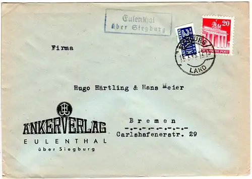 1949, Landpost Stpl. EULENTHAL über Siegburg auf Firmen Brief m. 20 Pf.