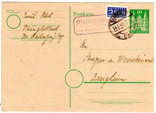 1949, Landpost Stpl. KLEINGLATTBACH über Vaihingen auf 10 Pf. Ganzsache.