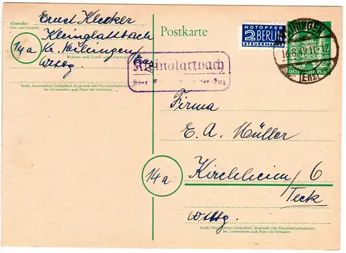 1949, Landpost Stpl. KLEINGLATTBACH über Vaihingen auf 10 Pf. Ganzsache 