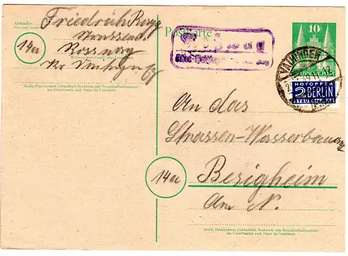 1949, Landpost Stpl. ROSSWAG über Vaihingen auf 10 Pf. Ganzsache n. Besigheim.