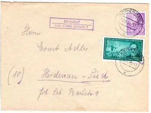 DDR 1955, Landpost Stpl. HINSDORF über Köthen auf Brief m. 5+15 Pf. 