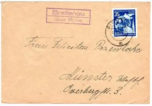 DDR 1953, Landpost Stpl. BREITENAU über Pirna auf Brief m. 35 Pf. 