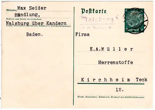 DR 1936, Landpost Stpl. MALSBURG über Kandern auf 6 Pf. Ganzsache