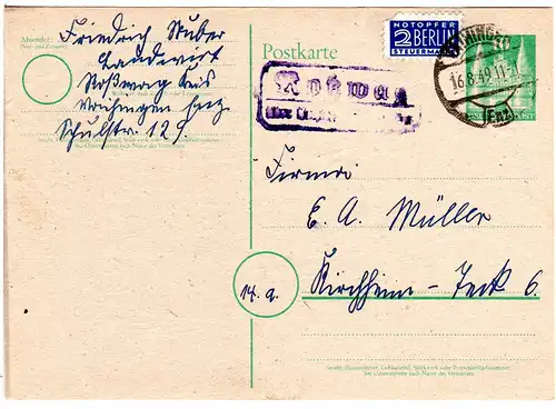 1949, Landpost Stpl. ROSSWAG über Vaihingen auf 10 Pf. Ganzsache 