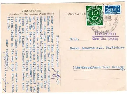 BRD 1952, Landpost Stpl. HAUSEN über Linz (Rhein) auf Karte m. 10 Pf. 