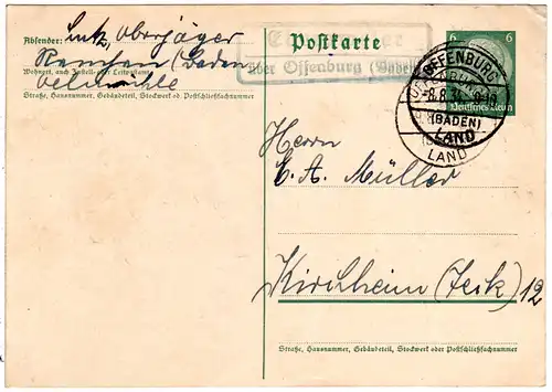 DR 1934, Landpost Stpl. EBERSWEILER über Offenburg auf 6 Pf. Ganzsache 