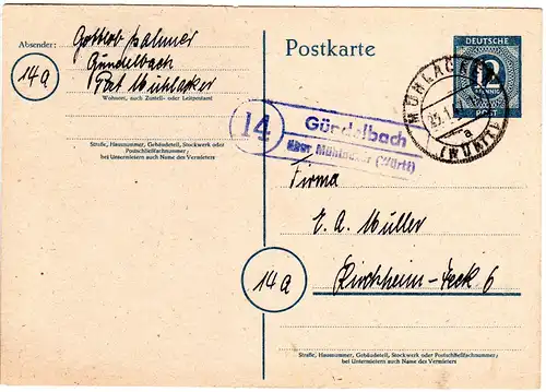 1947, Landpost Stpl. 14 GÜNDELBACH über Mühlacker auf 12 Pf. Ganzsache 