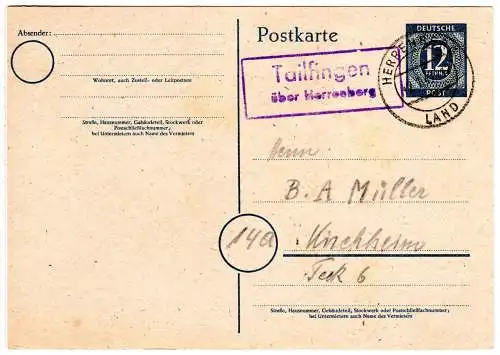 DR 1947, Landpost Stpl. TAILFINGEN über Herrenberg auf 12 Pf. Ganzsache