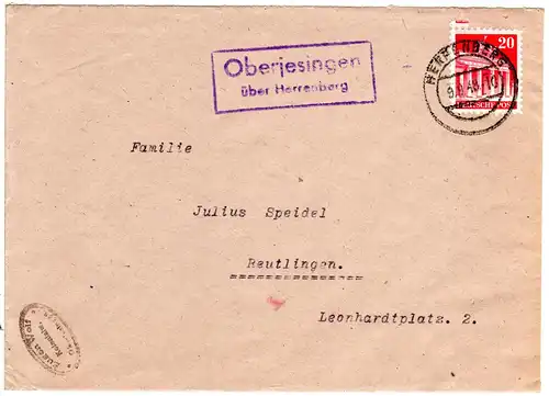 1948, Landpost Stpl. OBERJESINGEN über Herrenberg auf Firmen Brief m. 20 Pf.