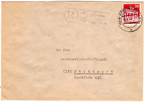 1948, Landpost Stpl. 14 WANGEN über Göppingen auf Brief m. 20 Pf.