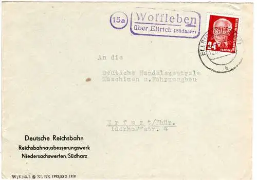 DDR 1953, Landpost Stpl. 15a WOFFLEBEN über Ellrich auf Reichsbahn Umschlag