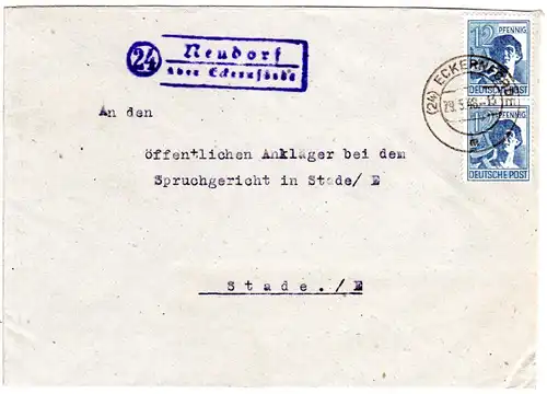 1946, Landpost Stpl. 24 NEUDORF über Eckernförde auf  Brief m. 2x12 Pf