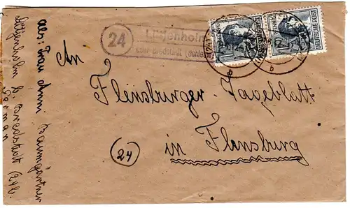 1947, Landpost Stpl. 24 LÜTJENHOLM über Bredstedt auf  Brief m. 2x12 Pf