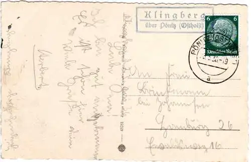 DR 1938, Landpost Stpl. KLINGBERG über Pönitz auf Karte m. 6 Pf.