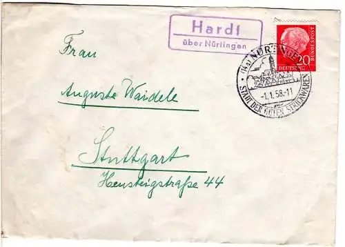 BRD 1958, Landpost Stpl. HARDT über Nürtingen auf Brief m. 20 Pf.