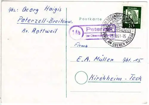BRD 1961, Landpost Stpl. 14b PETERZELL über Oberndorf auf Karte m. 10 Pf. 