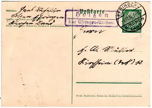 DR 1934, Landpost Stpl. HOLZEN über Efringen-Kirchen auf 6 Pf. Ganzsache