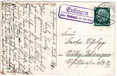 DR 1934, Landpost Stpl. ENSINGEN über Vaihingen auf Karte m. 6 Pf.