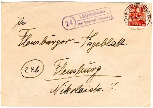 1947, Landpost Stpl. 24 LÜTJENHOLM über Bredsted auf Brief m. 24 Pf.