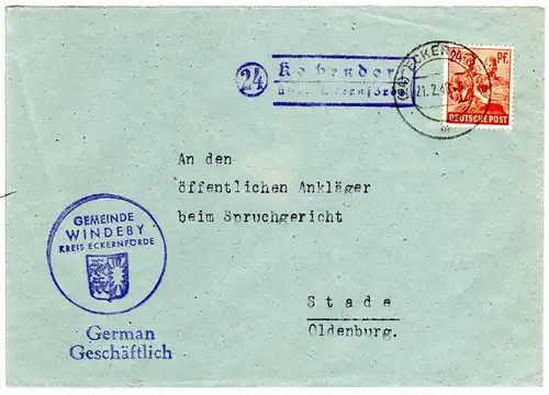1948, Landpost Stpl. 24 KOCHENDORF über Eckernförde auf Gemeinde Brief m. 24 Pf.