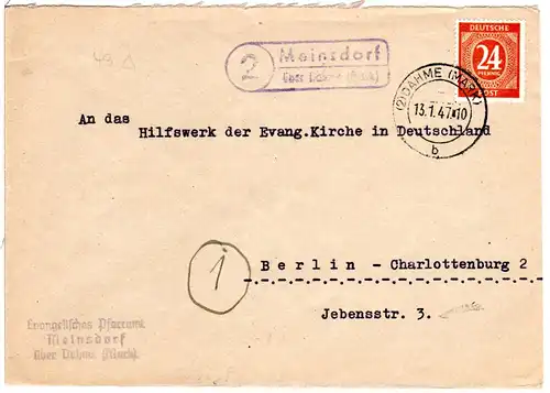 1947, Landpost Stpl. 2 MEINSDORF über Dahme (Mark) auf Pfarramt Brief m. 24 Pf.