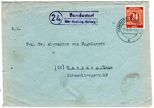 1946, Landpost Stpl. 24 BENDESTORF über Hamburg-Harburg auf Brief m. 24 Pf.