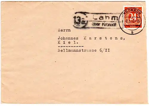 1946, Landpost Stpl. 13a LAHM über Kronach auf Brief m. 24 Pf.