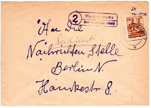 1948, Landpost Stpl. 2 HOPPENRADE über Löwenberg auf Suchdienst Brief m. 24 Pf.