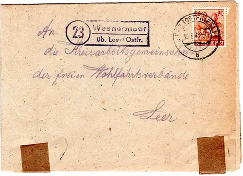 1948, Landpost Stpl. 23 WEENERMOOR über Leer auf Brief m. 24 Pf.