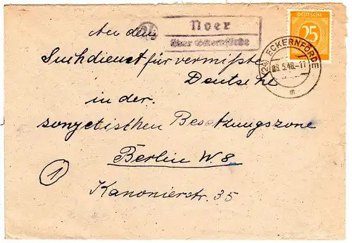 1948, Landpost Stpl. 24 NOER über Eckernförde auf Suchdienst Brief m. 25 Pf.