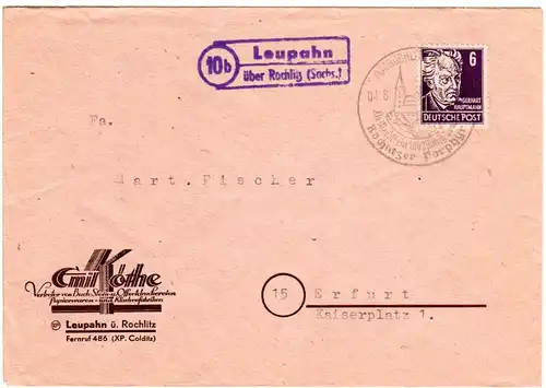 1949, Landpost Stpl. 10b LEUPAHN über Rochlitz auf Drucksache Brief m. 6 Pf. 