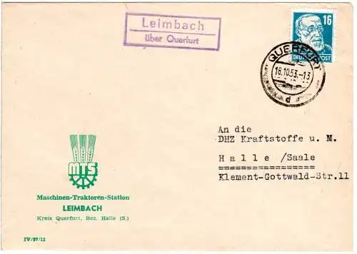 DDR 1953, Landpost Stpl. LEIMBACH über Querfurt auf Brief m. 16 Pf. 