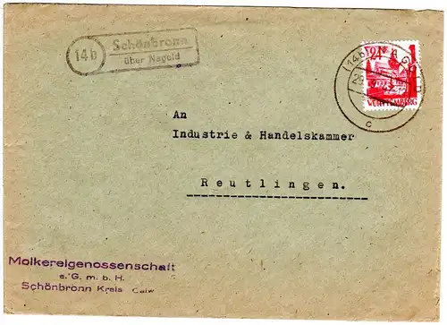 1947, Landpost Stpl. 14b SCHÖNBRONN über Nagold auf Molkerei Brief m. 20 Pf.