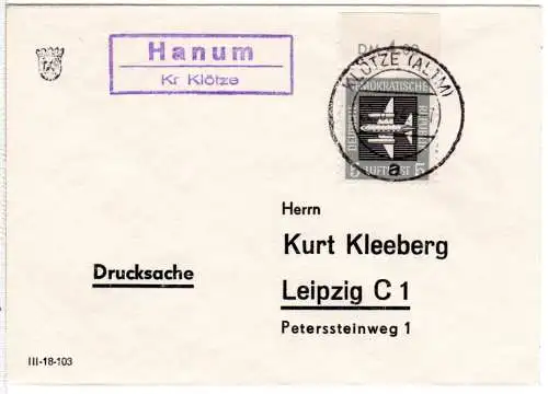 DDR 1964, Landpost Stpl. HANUM Kr. Klötze  auf Drucksache Brief m. EF 5 Pf.