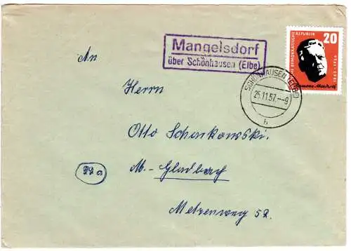 DDR 1957, Landpost Stpl. MANGELSDORF über Schönhausen auf Brief m. 20 Pf.
