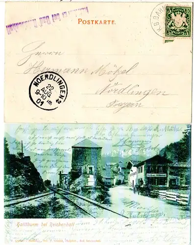 Bayern 1901, L1 Hallthurm bei Bad Reichenhall auf AK m. 5 Pf. u. Bahnpost Stpl.