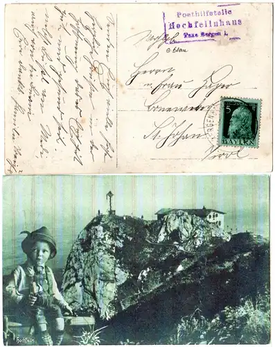 Bayern 1912, Posthilfstelle HOCHFELLNHAUS Taxe Bergen auf sw-AK m. 5 Pf.