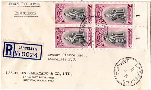 Jamaica 1951, 4er-Block 6d Universität auf Einschreiben FDC v. Lascelles.