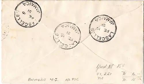 Jamaica 1951, 4er-Block 6d Universität auf Einschreiben FDC v. Lascelles.